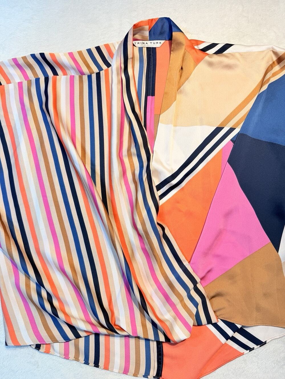 Trina Turk Colorblock Stripe Wrap Drape Silk Top Art To Wear Resortwear Blouse